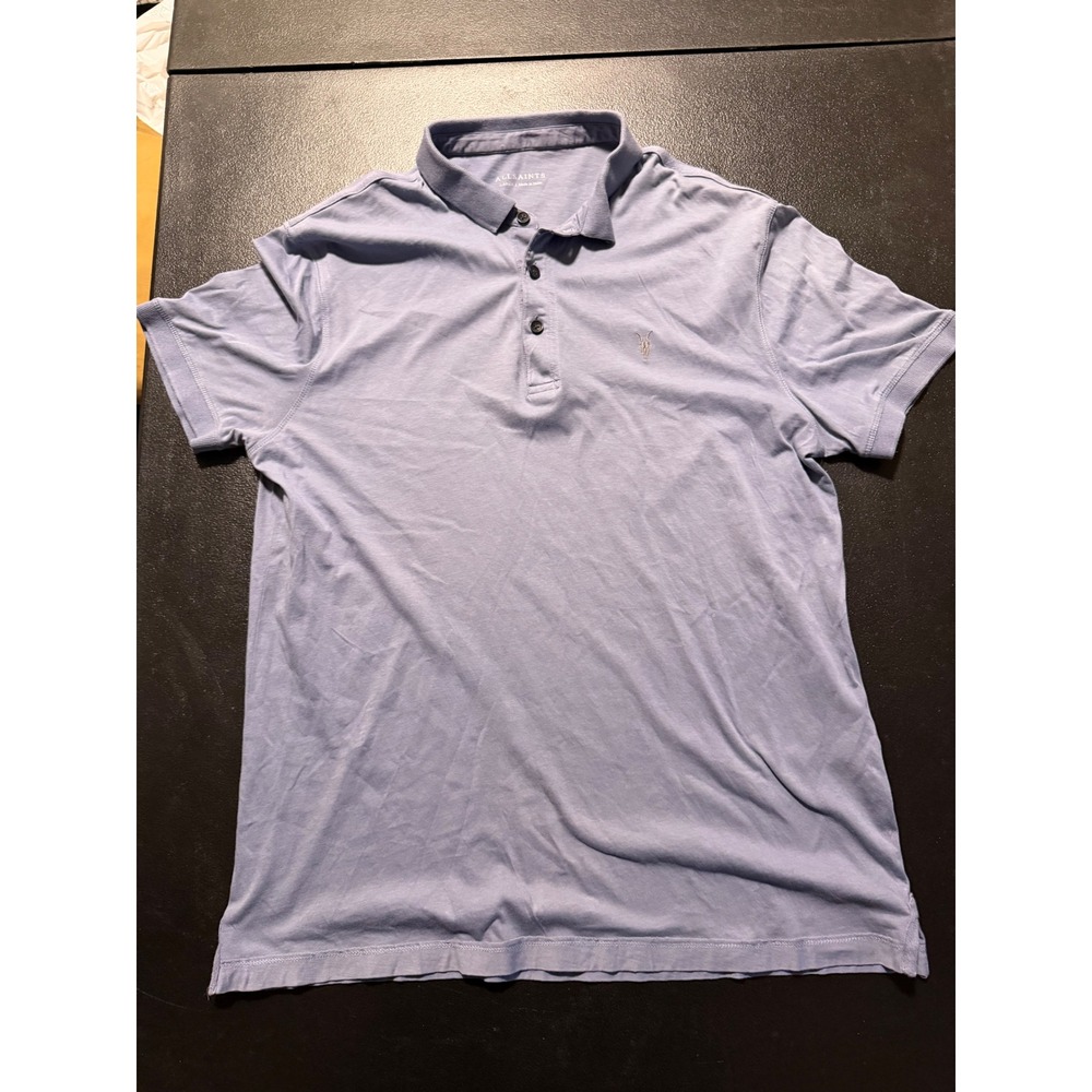 AllSaints Mens Brace Polo Shirt Blue Ramskull Logo Short Sleeve Cotton Large